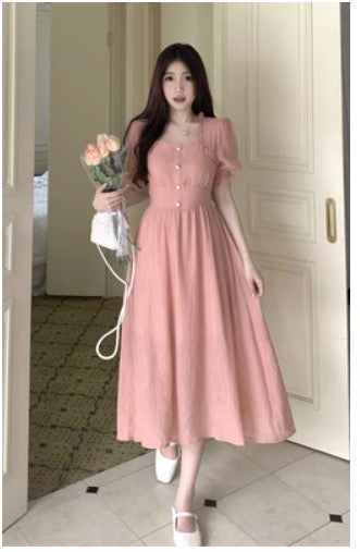 Large size French style gentle wind square collar platycodon skirt long skirt female summer fat sister temperament cover belly tea break dress report