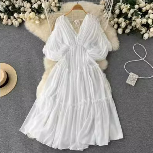 Seaside holiday beach skirt super fairy V-neck chiffon dress summer 2022 new high waist slimming skirt