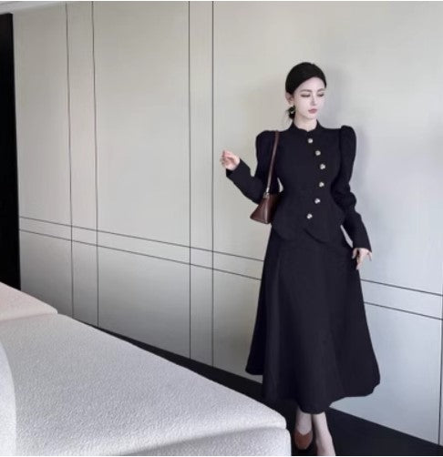 Xiaoxiangfeng celebrity suit female autumn new retro puff sleeve stand collar coat high waist slim irregular skirt