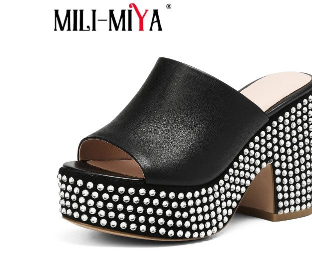 MILI-MIYA Classic Platform Women Cow Leather Sandals Super High Crystal Thick Heels Slip On Slip On Dress Party Summer Shoes