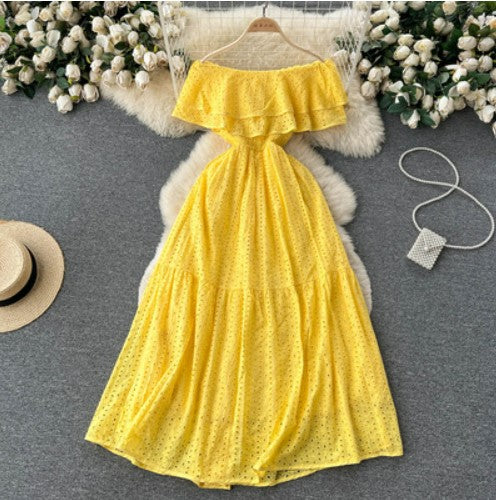 Light luxury retro French one-shoulder ruffled waist dress women's hollow design sense of thin and high-end long skirt