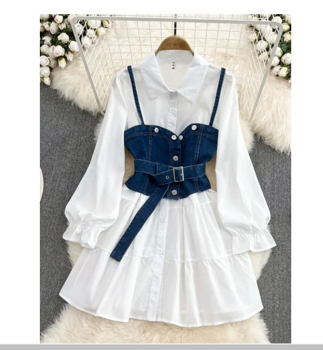 Spring Autumn Cowboy Waistcoat Shirt Dress Female Elegant Length Sleeve White Shirt Dress Vest Women's Two-piece Set GD785