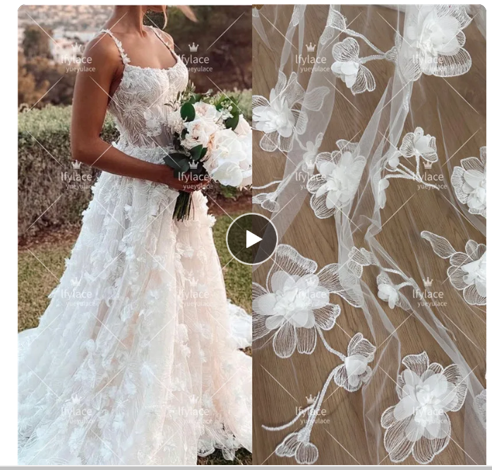 Latest New Unique Fashion Soft Embroidery Mesh 3D Wedding Gown Dress Lace Fabric Sell By 1 Yard