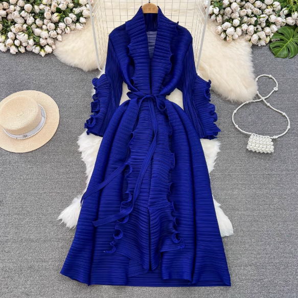 Summer gentle style French fairy dress heavy wood ear lace design niche tie waist pleated dress