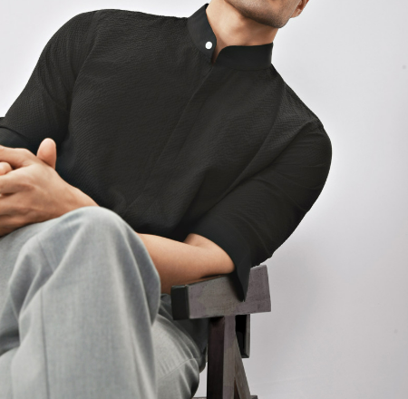 2025 Summer Seersucker Fabric Thin Mid-Sleeve Shirt Men's Small Stand-up Collar New Chinese Style Hidden Button Half-Sleeve Shirt