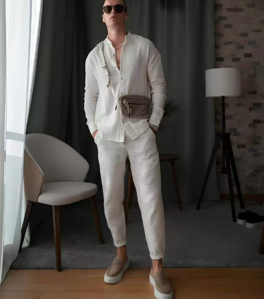 Cross-border 2025 European and American new men's casual sports long-sleeved trousers two-piece set light mature simple beach men's suit