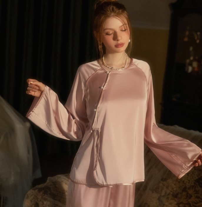 Autumn pajamas for women, new Chinese style, spring and autumn, national style, simple and elegant, ice silk suit, thin home clothes, two-piece suit