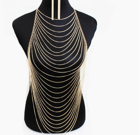 New European and American jewelry trend personality fashion necklace gold chain tassel exaggerated body chain