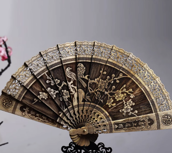 Golden nanmu fan folding fan fragrant wood classical Chinese style folding decoration hollow carving crafts Chinese ornaments