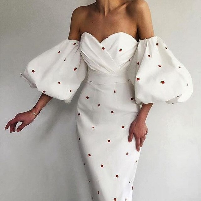Sexy Club Strapless Lantern Sleeve Pencil Dress Retro Polka Dot Print Women Long Party Dress Elegant Off Shoulder Ladies Dresses