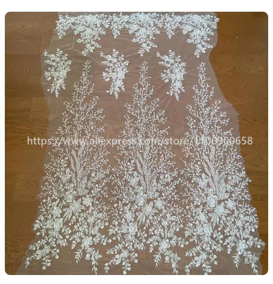 Off-White 3D Flowers Beaded Sequins Embroidered Lace Fabric Wedding Dress Small Flower Applique Dress Fabric RS4022