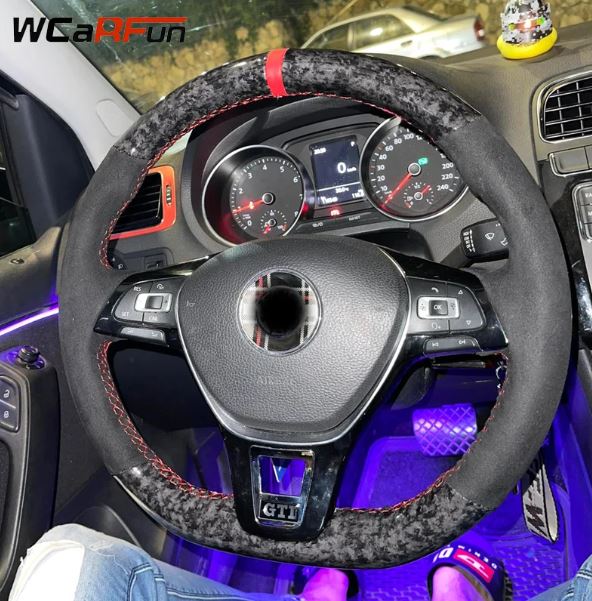 WCaRFun Custom Black Suede Forged Carbon Car Steering Wheel Cover For Volkswagen Golf Mk7 VW New Polo Jetta Passat B8