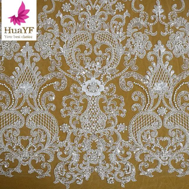 HY2660 New white heavy african beaded lace pearls sequins high quality wedding bridal dress fabric