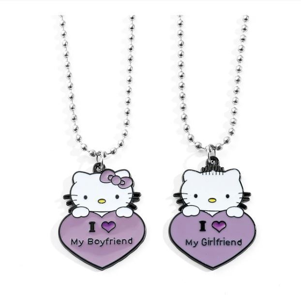 Hello Kitty Couple Pendant Necklace I Love My Boyfriend Girlfriend Necklace Kawaii Sanrio KT Cat Neck Chains for Valentines Gift