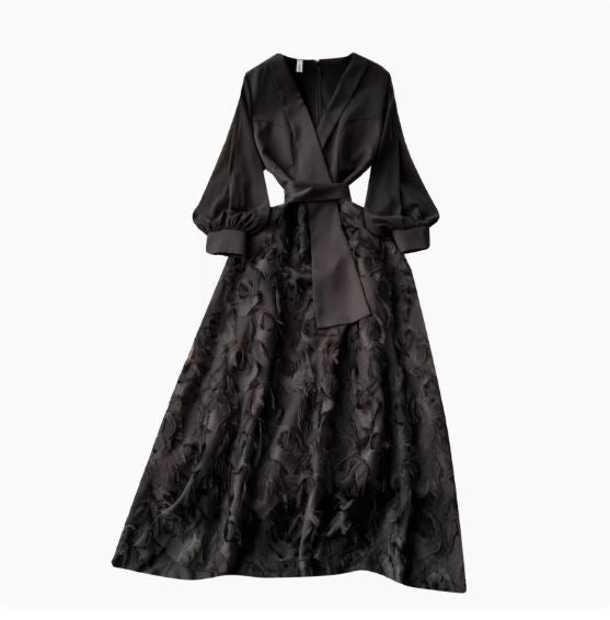 High-end dress for women 2024 spring new style French puff sleeve splicing fake two-piece temperament long skirt black dress