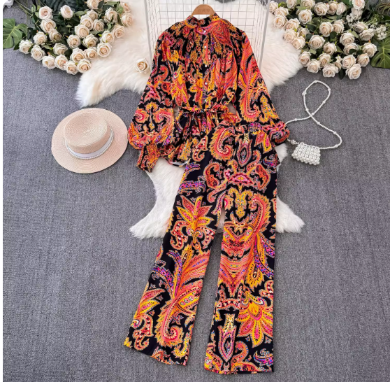 Fashion suit for women, European and American celebrity temperament, bat sleeves, loose printed shirt, two-piece suit, high waist, slimming wide-leg pants