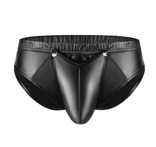 Men Faux Leather Low Rise Shiny Boxer Briefs Buckled Pouch Shorts Underwear