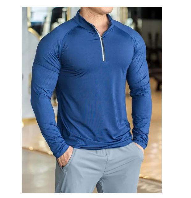 New Autumn winter Running Gym Men Shirt long Sleeve Tees elastic fit Sports training Fitness Quick dry Zip collar Polo T Shirt