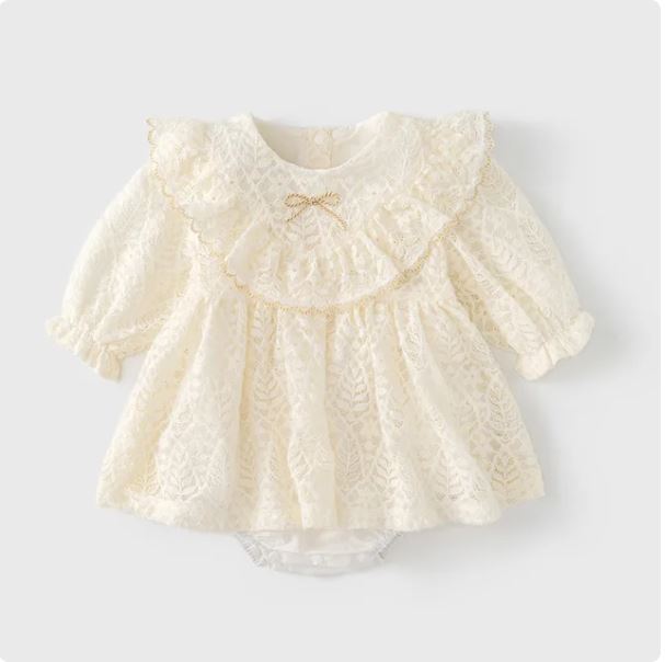 2024 Spring Autumn Baby Girls Lace Romper Dress Outdoor One Piece Princess Jumpsuit Cute Newborn Bodysuits with a Lace Hat 6-18M