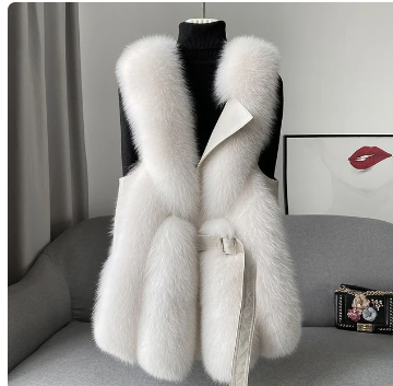 Women Jacket Faux Fur With Blet Sleeveless Pocket V-neck Elegant Female Coat 2023 Autumn Winter Fashion Thicken Lady Streetwear