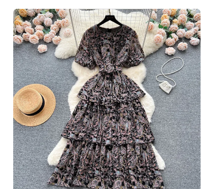 Women Summer Vestidos Fashion Chiffon Niche Retro Printed Slim Fitting Mid Length Heavy Duty Pleated Chiffon Cake Dress D5513