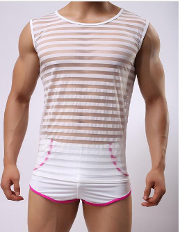 WOXUAN stripe sexy Transparent mesh O-Neck vest slim sexy mens Tanks Gymin Sporting tank Tops Undershirt Breathable summer