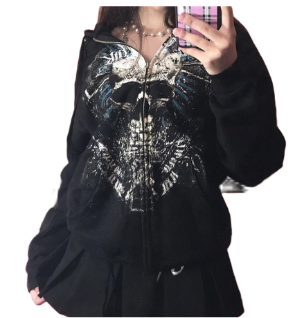 Gothic Sweatshirt Women 2000s Fairy Grunge Skull Print Long Sleeve Hooded Tops y2k Aesthetic Hoodie Oversize Clothes Streetwear