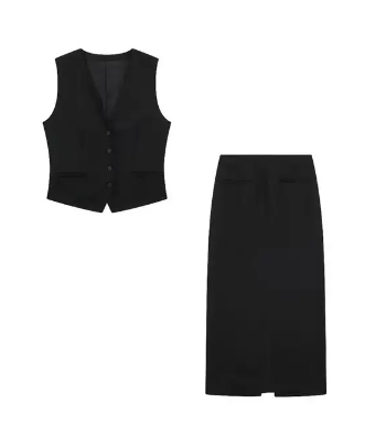 TRAF Summer New Solid Vest Skirt Sets For Women 2023 Office Ladies Chic V-Neck Sleeveless Vest Tops+A-Line Mid-Calf Skirts