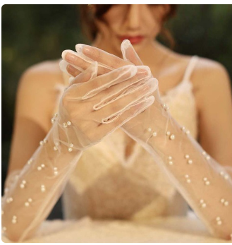 New Lace Pearl Chiffon Long Gloves Women White Fingerless Gloves Marriage Party Accessories