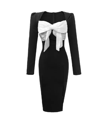 New Elegant Sweet Black Dress Women Square Collar Bow Long Sleeve Slit Bodycon Slim Vestido Birthday Party Night Evening Dresses