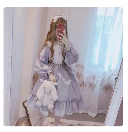 Lolita Dress Women Kawaii Bow Bear Lace Blue Dress Long Sleeve Princess Dress Halloween Costume Gift For Girls New