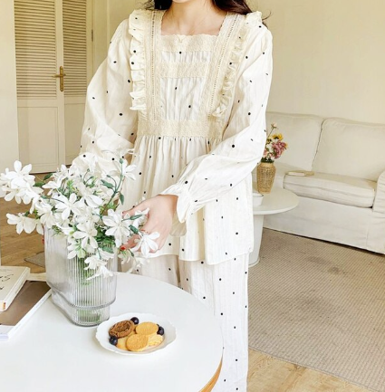 Lace Pajama Set - 2-Piece Sweet Dot Print Sleepwear with Full Sleeve T-shirt and Long Pants Cozy Princess Comfort Soft Homewear