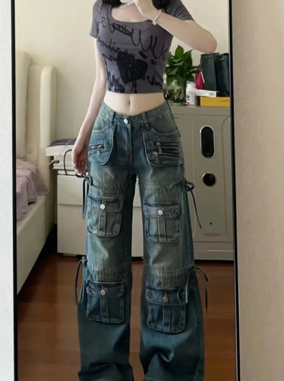 Women BF Style Y2k Streetwear Harajuku Baggy Multi-Pocket Blue Denim Cargo Pants Low Waisted Wide Leg Jeans 2000s Aesthetic Kpop