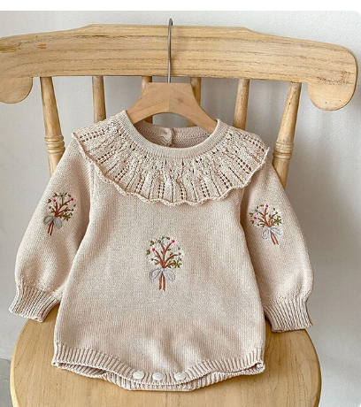 MILANCEL Baby Bodysuit Toddler Girls Knit One Piece Embroidery Baby Sweater