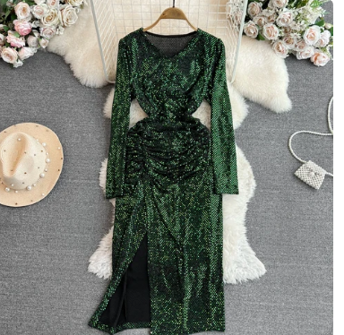 Sexy Glitter Sequin V-neck Long Sleeve Split Dress Chic Elegant Evening Party Luxury Robe Women High Waist Slim Ceremonial Dress