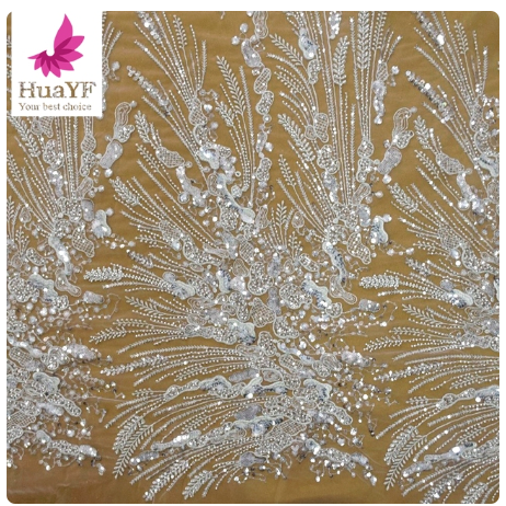 Shiny White Bridal Tulle Lace with Sequins Mesh Beaded Fabric For Women Wedding Dress HY1562-3