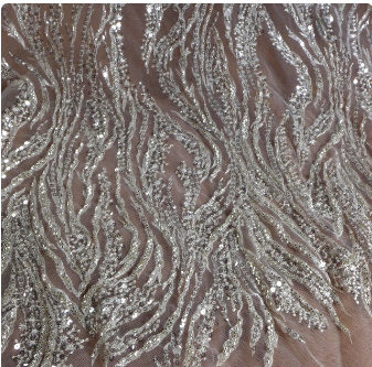 La Belleza Hot fashion bride lace,simple lines beading lace fabric,white lace fabric embroidered for wedding dresses by yard