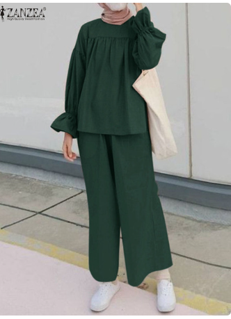 ZANZEA Fashion Muslim Suit Flare Sleeve Blouse Wide Leg Pants Woman Casual Outifits Female Party Matching Sets Eid Mubarek 2023