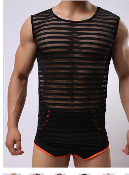 WOXUAN stripe sexy Transparent mesh O-Neck vest slim sexy mens Tanks Gymin Sporting tank Tops Undershirt Breathable summer