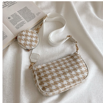 Female Vintage Plaid Printing Shoulder Bags with Mini Round Purse Pendant Women's Bag Casual Small Crossbody Bags 2pcs Composite