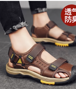 Western camel sandals men's leather breathable deodorant soft bottom cowhide outer wear Baotou beach shoes men's non-slip