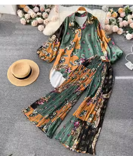 European and American fashion personalized print suit female lazy irregular lantern sleeve shirt + pleated wide-leg pants two-piece set