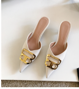 2023 Spring New Shoes Women's Fashion Temperament European and American Style Metal Buckle Pointed Toe Thin Heel Baotou Half Slippers Women