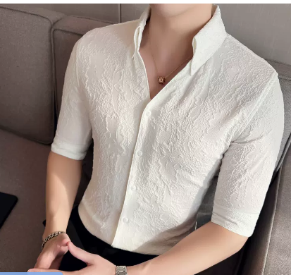 V-neck three-quarter-sleeved floral shirt men's ice silk ruffian handsome slim-fit summer thin section casual one-piece collar 7-point short-sleeved shirt