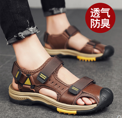 Western camel sandals men's leather breathable deodorant soft bottom cowhide outer wear Baotou beach shoes men's non-slip