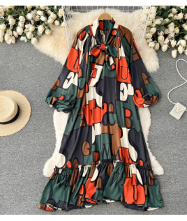 European and American personality printing design sense niche lantern sleeve high collar temperament heavy industry loose dress knee length skirt