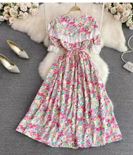 Retro gentle style floral skirt French super fairy doll collar waist slimming A-line dress elegant big swing long skirt