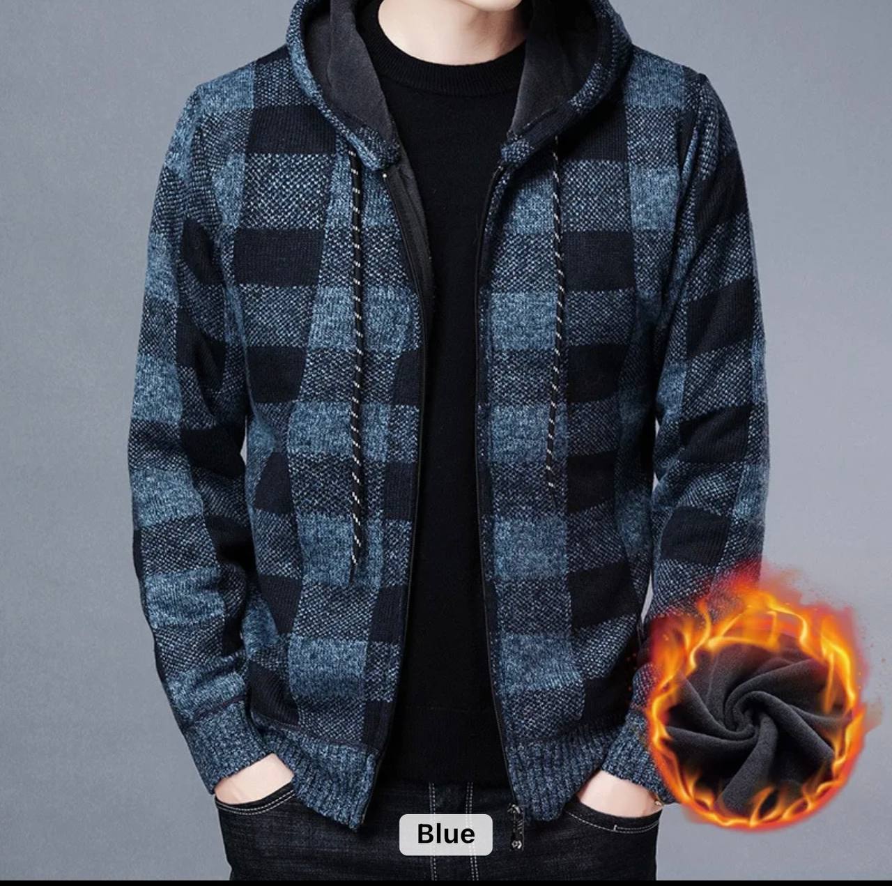 2023 Winter Fleece Hooded Knit Coat Outdoor Thick Plaid Long Sleeve Slim Fit Zipper Cardigan Men Sweater