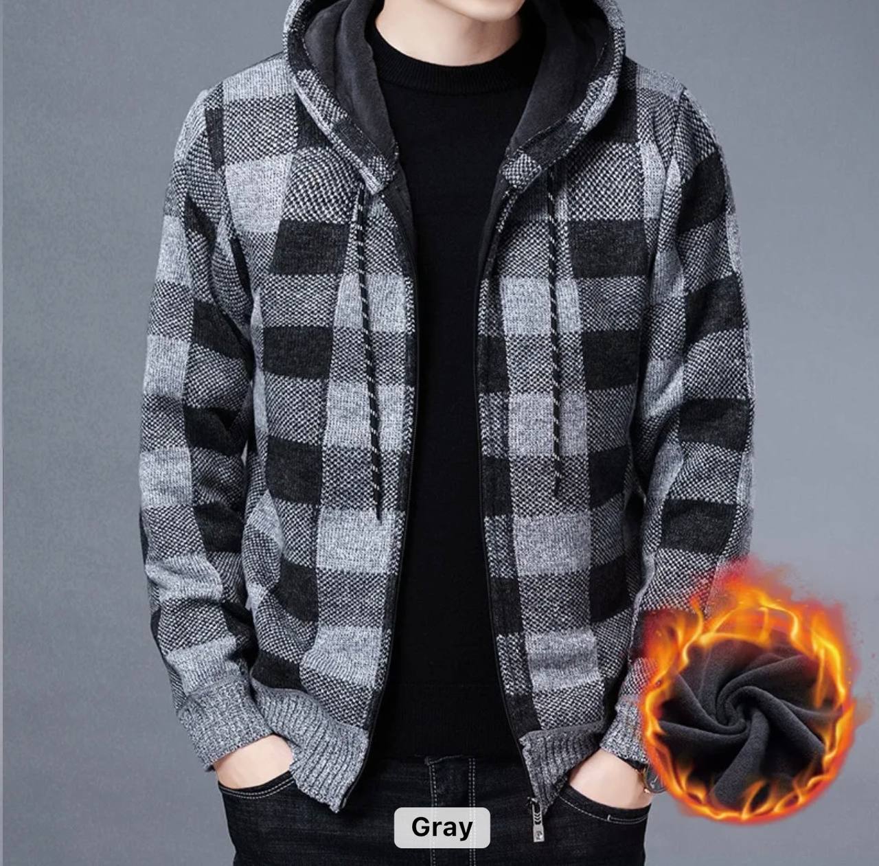 2023 Winter Fleece Hooded Knit Coat Outdoor Thick Plaid Long Sleeve Slim Fit Zipper Cardigan Men Sweater