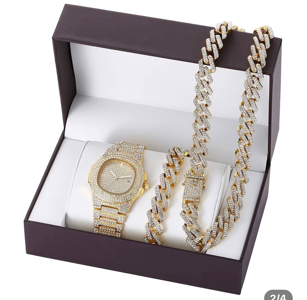 G1505 Hot Sale Jewelry Gifts Set Gold Plating Luxury Bling Cubic Zirconia Cuban Chain Link Bracelet Necklace Men Quartz Watches